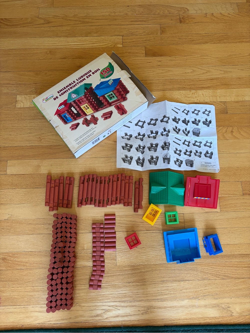 Classic Wooden Log Cabin Building Set - Red, Green, Blue Accents